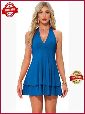 Halter Mini Dress Deep V-Neck Backless Ruffle Party Night Out